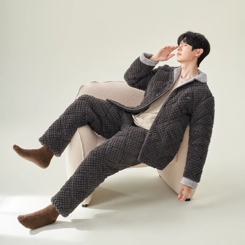 Durable Comfortable Warm Breathable Thermal Men's Dark Gray Fleece Fluffy Long Sleeve Pajamas Set Stylish Diamond Pattern Winter