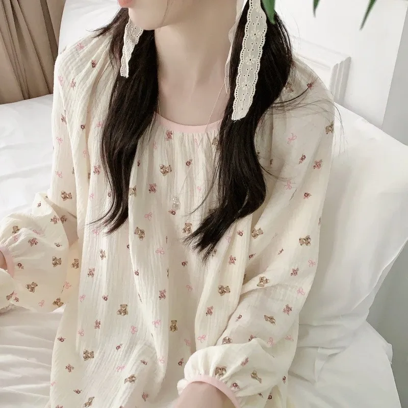 Early Spring Korean Style ins Color Block Long Sleeve Sweet Cute Bear Cotton Gauze Loose Nightdress Homewear for Women