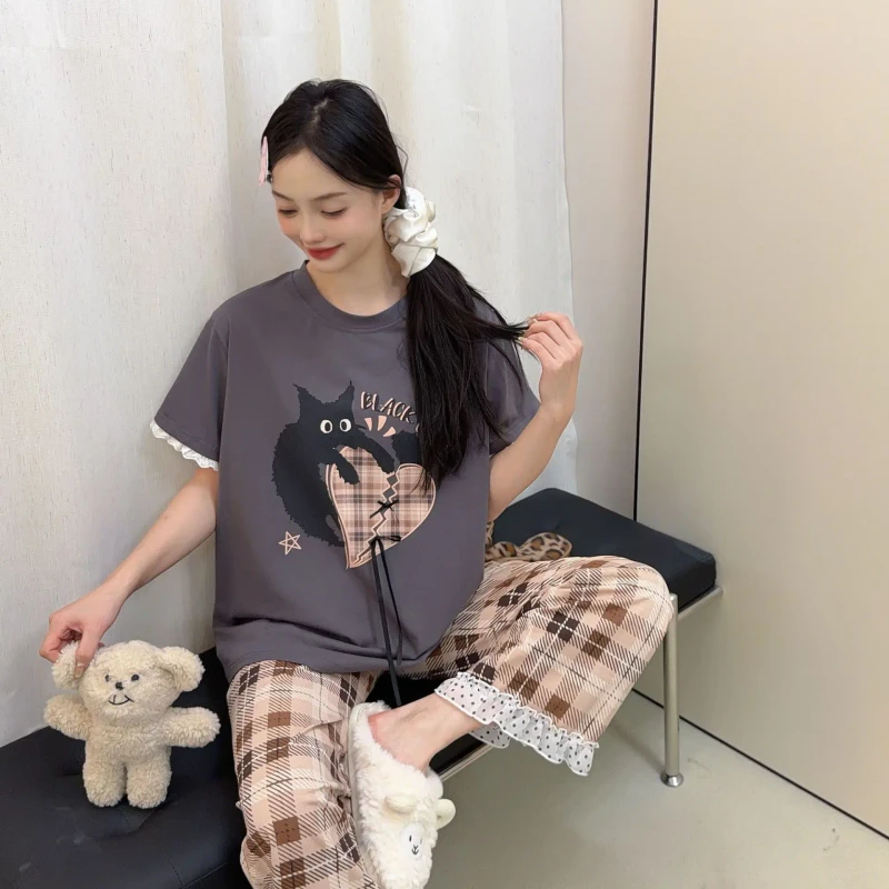 Early Spring New Women's Black Cat Plaid Knitted Thin Loose Comfortable Homewear Pajamas Long Sleeve Long Pants Set