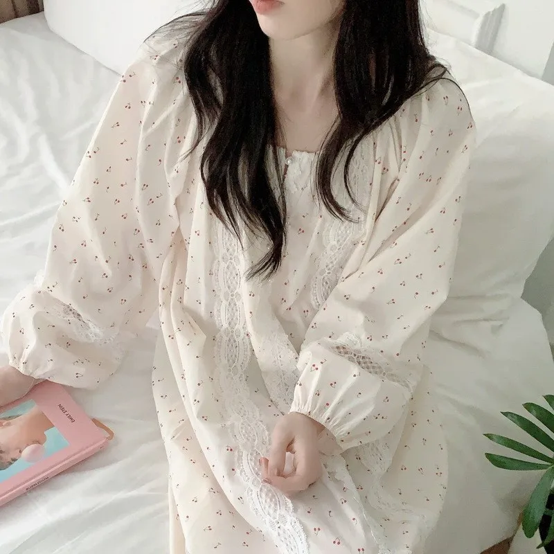 Early Spring Women's Nightdress Korean Style Lace Homewear Sweet Loose Princess Style Pajamas Long Dress Wearable Outside W