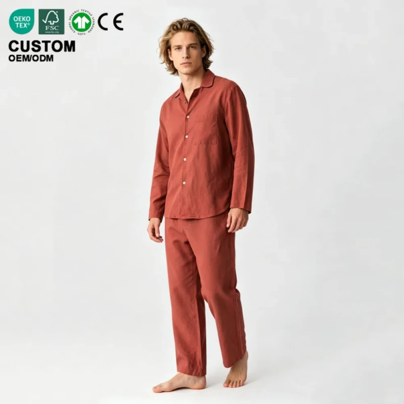 Eco friendly GOTS Certified Sustainable Men's Linen Pajamas Set Soft Breathable Lightweight Loungewear Long Sleeves PJs Custom