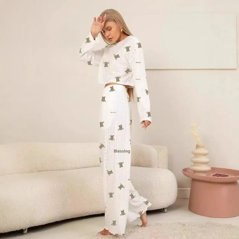 Elastic Waist Hollow-Out Jacquard Heart Print Autumn/Winter Pajamas