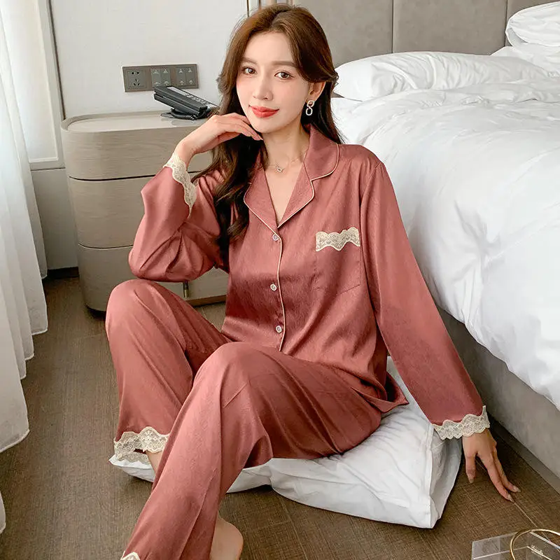 Elastic Waist Knitted Polyester Women's Sleepwear Turn down Collar Solid Pattern Breathable Long