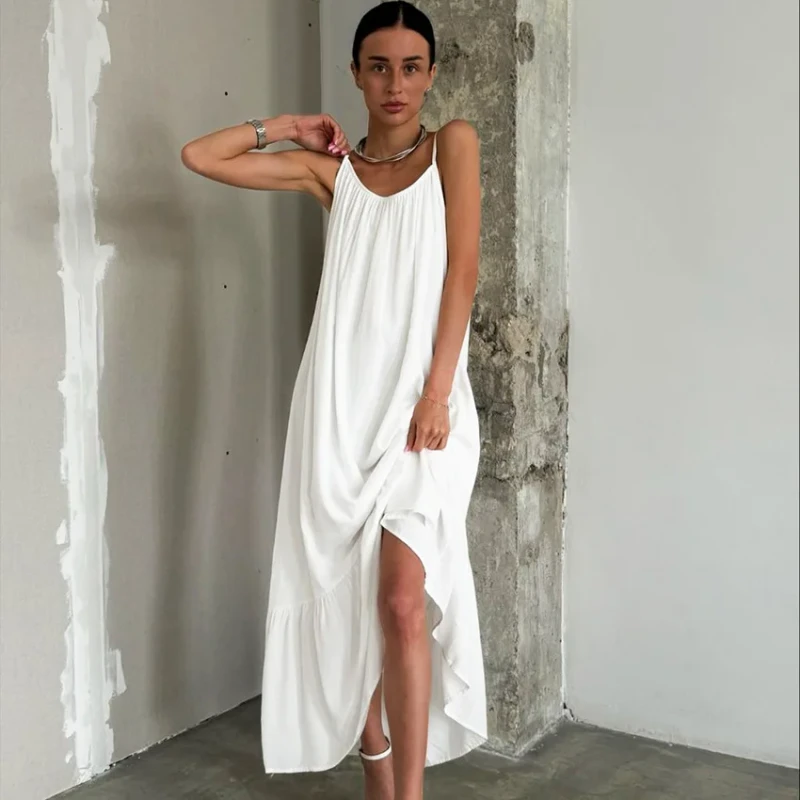 Elegant Casual Luxury White Cotton Suspender Nightdress Smooth Knitted Breathable Comfortable Sexy for Summer Soft