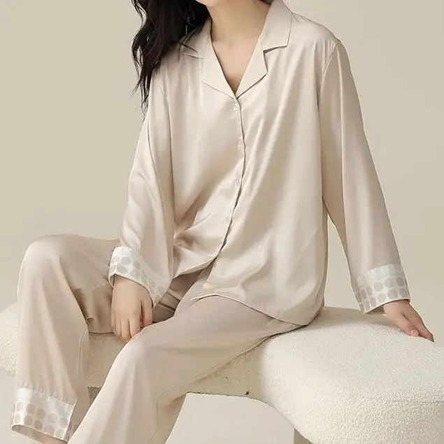 Elegant Casual Women's Satin Pajamas Set Long Sleeve Turn Down Collar Elastic Waist Breathable Cozy Quick Dry Nightwear