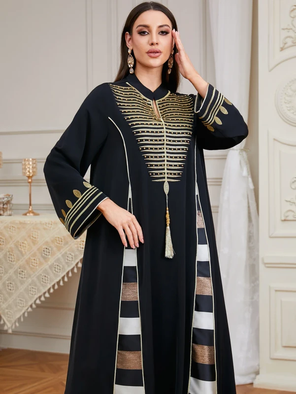 Elegant-Embroidered-Robe-Womens-Fashion-Nail-Bead-Splicing-Striped-Abaya-Dress-Muslim-Long-Dress