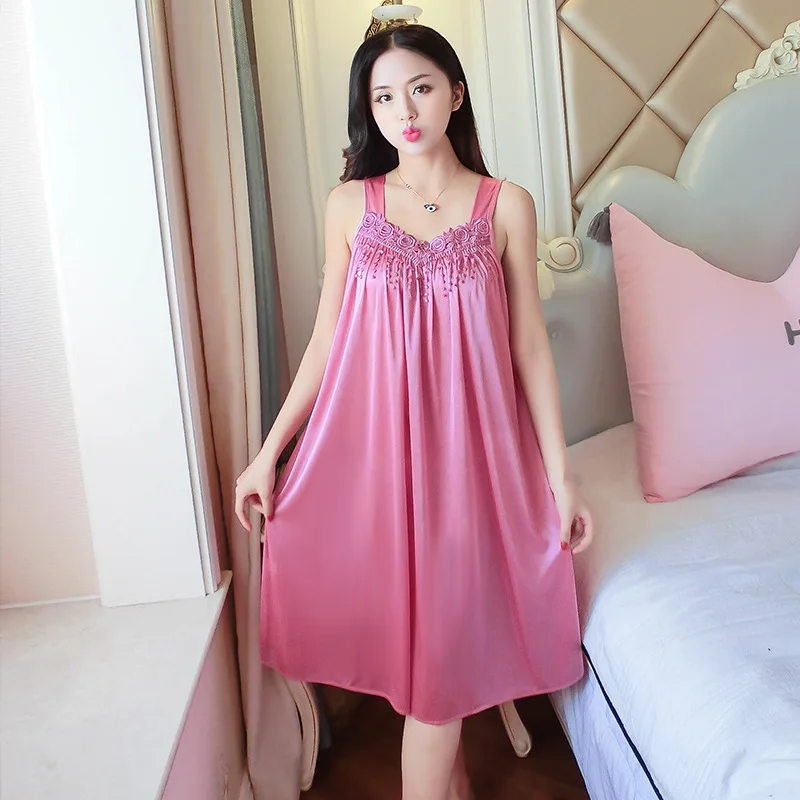 Elegant Lace Trim Nightgowns Sleeveless Ice Silk Nightdress Thin Loose Summer Sleepwear for Women