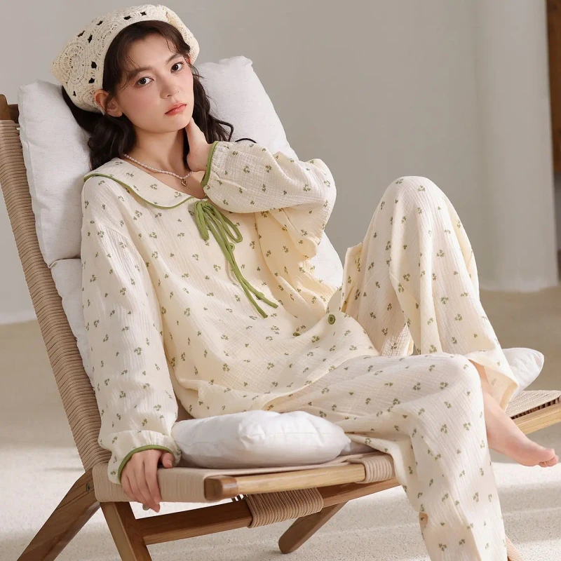 Elegant Long sleeved Cloud Cotton Women's Pajamas Flower Printing Pattern Nightgown Casual and Comfortable Home Sleepwear