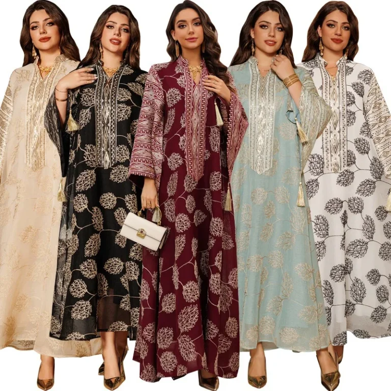 Elegant-Muslim-Embroidered-Sequin-Polyester-Plus-Size-Womens-Middle-Eastern-Arab-Cardigan-Robe-with-Bell-Sleeves