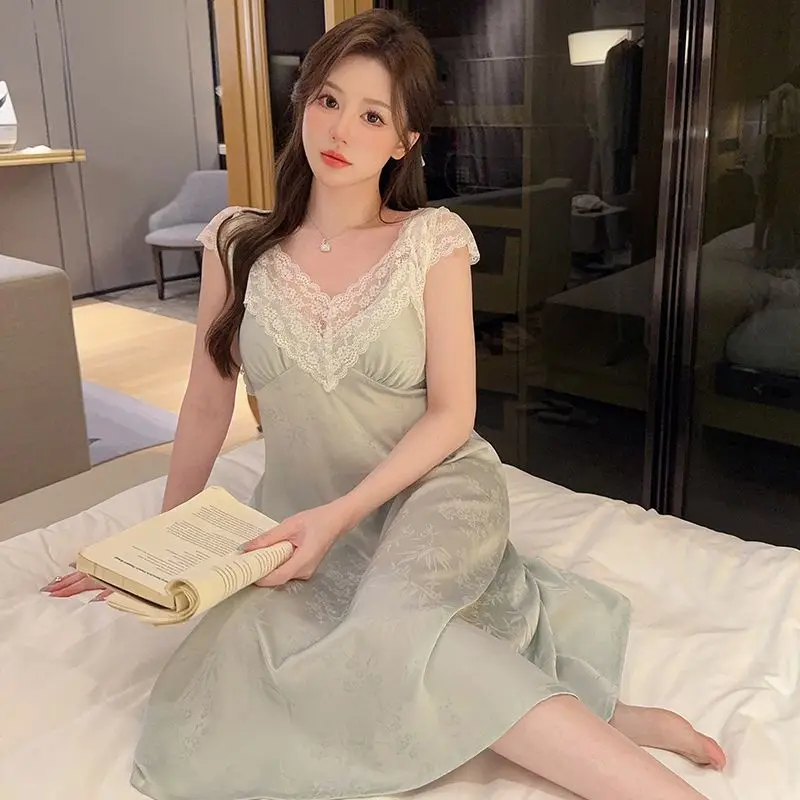 Elegant Romantic Lace Patchwork Pajamas High grade Women Summer Ice Silk Nightdress Sweet Princess Style Jacquard Sleeping Skirt