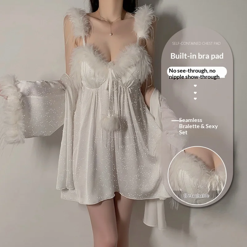 Elegant Solid Color Satin Plush V Neck Plus Size Breathable Spring Summer Autumn Sleepwear Set Built in Padded Nightgown