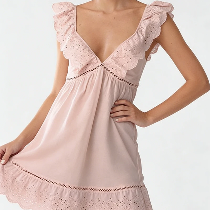 Elegant White Ruffle Princess Long Nightdress Soft Summer Sleepwear with Front Logo