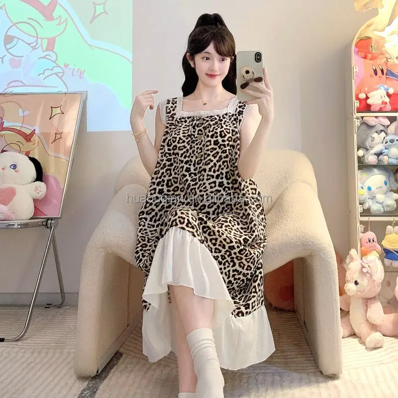 Elegant Women Sleeveless Nightgown Leopard Print Sleepwear Lace Trim Princess Style Nightdress Summer Breathable Home Wear