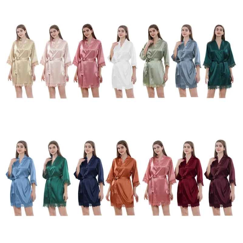Elegant Women's Satin Kimono Robes with Lace Trim Wedding Bridesmaids Outfit Plus Size Woman De Mariage Solid Color