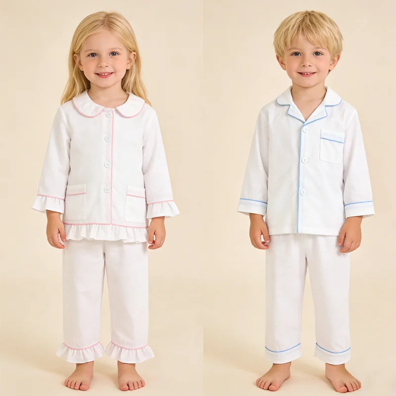 Embroidered Kids Seersucker Pajamas Set in Stock Sleepwear Toddler Boys Girls Two Piece Boutique Baby Pajamas Set