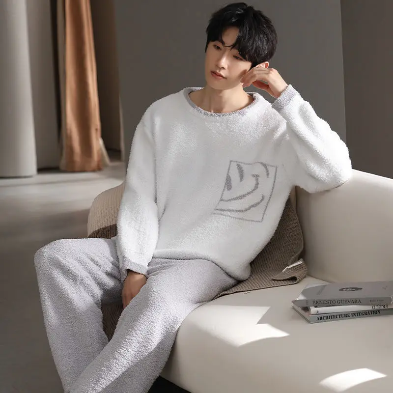 En Home Pajamas Men's Winter Half-side Velvet Long Sleeve Casual Wear Suit Pull-up Cotton Viscose Cartoon 2-Piece 220g Needle