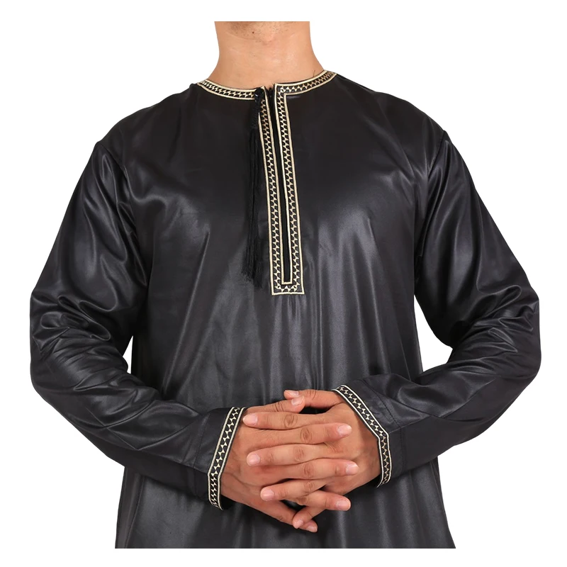 Ethnic Style Summer Men's Slim Fit Casual Robe Abaya Thobes Plus Size Collarless Cotton Shirt Traditional Islamic