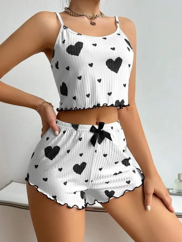 Europe America Cross-Border Women's Polyester Pajamas Heart-Printed Stretchy Sexy Camisole Shorts Casual Homewear