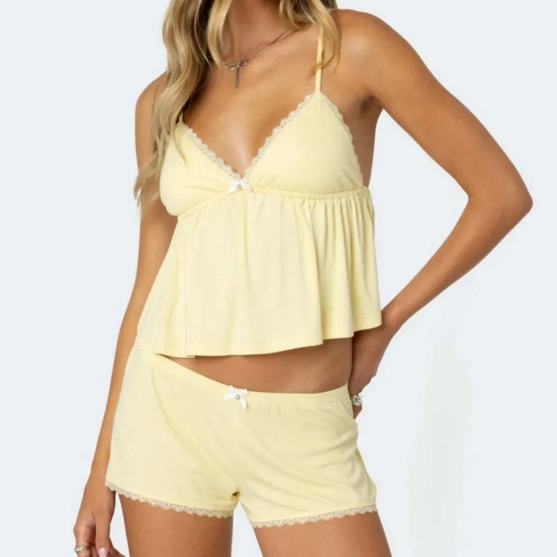 European American 100% Cotton Knitted Solid Color Bowknot Lace Trim Camisole Shorts Set Pajamas for Summer