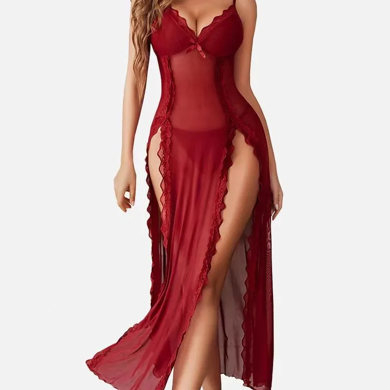 European American Lingerie V Neck Backless Sexy Mesh Dobby Fabric Printed Camisole Nightdress Set Women