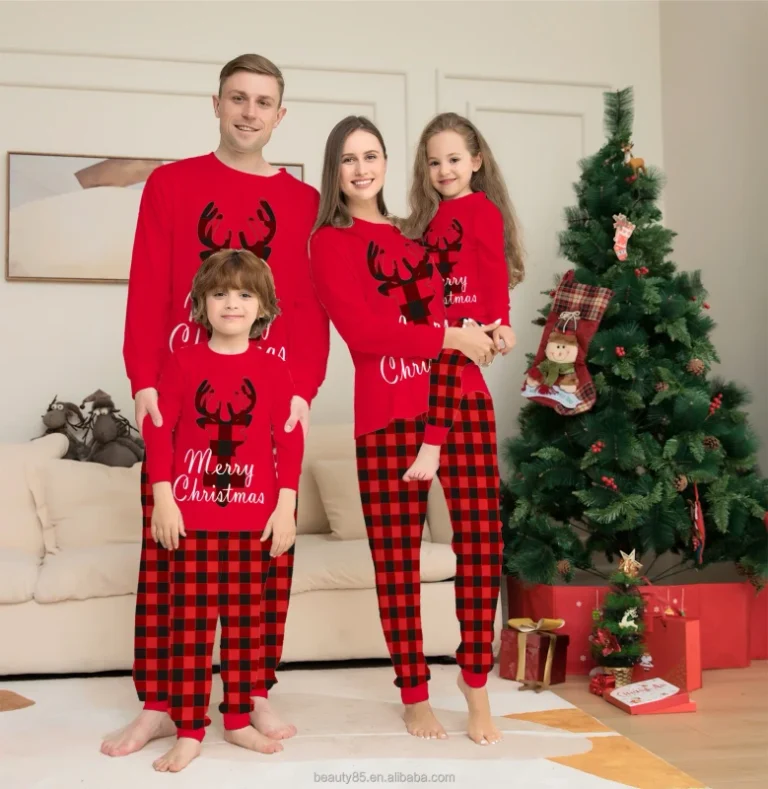 European-American-Loungewear-Letter-Print-Casual-Outfits-Reindeer-Plaid-Elastic-Waist-Winter-Christmas-Family-Matching