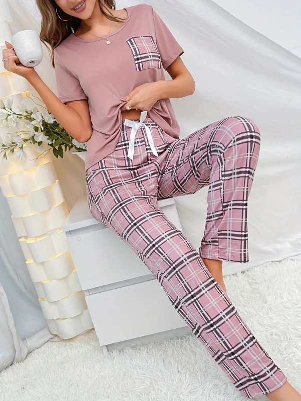 European American Printed Crew Neck Polyester Pullover Short Sleeved T Shirt Long Pants Loose Women's Pajamas