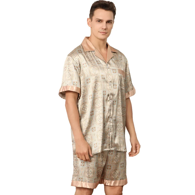 European American Size Men's Casual Summer Imitated Silk Fabric Solid Pattern 2 Piece Pajamas Set 100% Polyester Short Sleeve