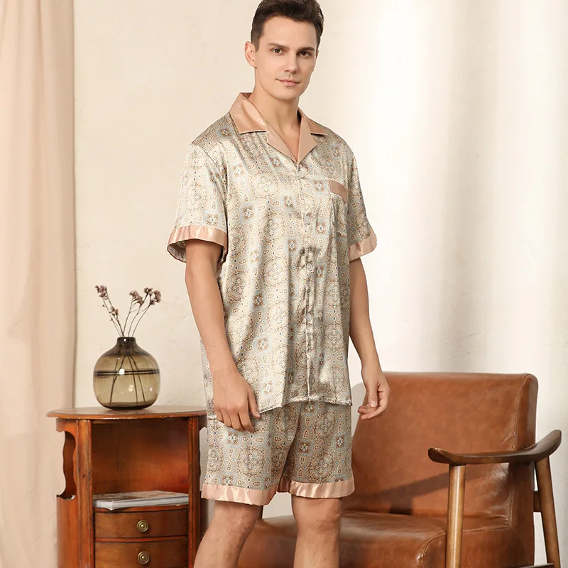 European American Size Men's Casual Summer Imitated Silk Satin Breathable Digital Printed Short Sleeve 2-Piece Pajamas Set 100%