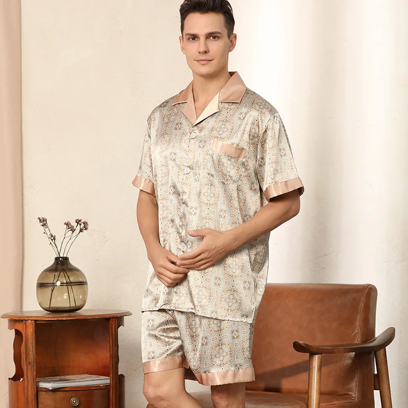 European American Size Men's Summer Casual Breathable Imitated Silk 2 Piece Pajamas Set Pockets 100% Polyester Short Sleeve