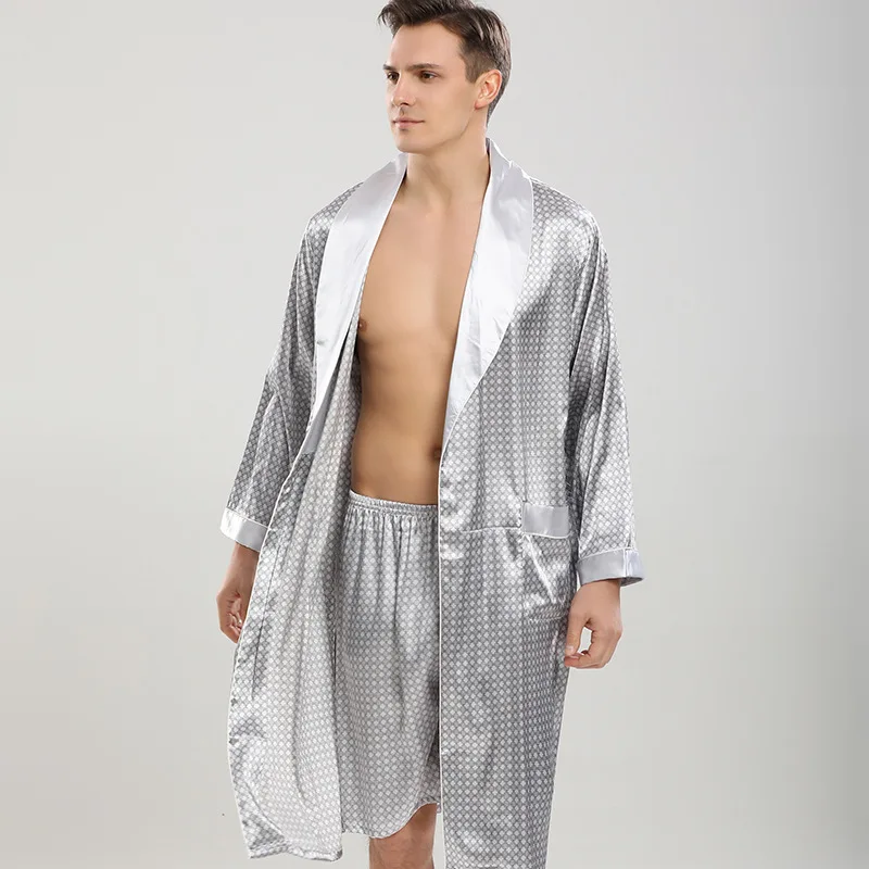 European American Style Imitated Silk Satin Digital Printed Robe Men's Home Long Pajamas 2 Piece Full Sleeve Spring Autumn Gray
