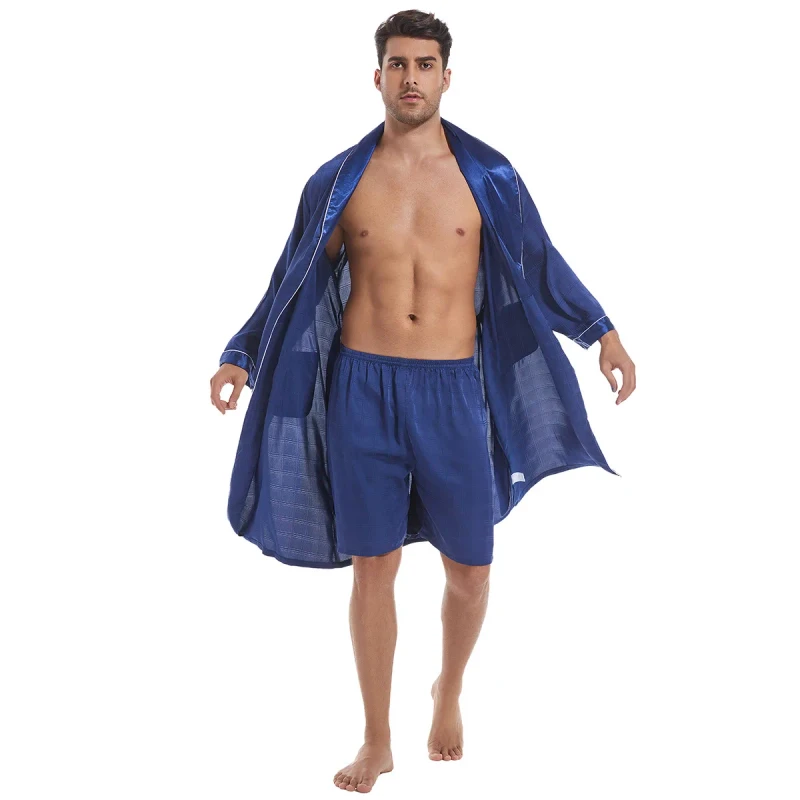 European American Style Men's Summer Sleepwear Long-Sleeved Imitation Silk Satin Chiffon Bathrobe Nightgown Breathable Plus Size