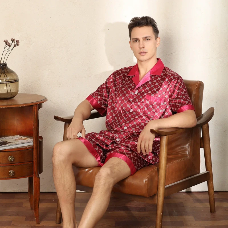 European American Style Summer Printed Imitated Silk Polyester Men's 2 Piece Short Sleeve Breathable Satin Pajama Set Pockets