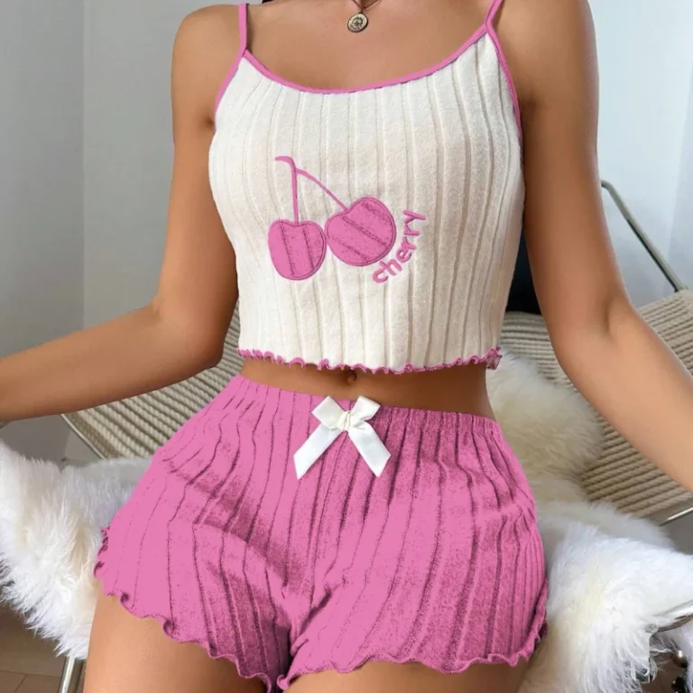 European-American-Style-Summer-Womens-Brushed-Nylon-Elastic-Waist-2-Piece-Pajamas-Camisole-Shorts-Set