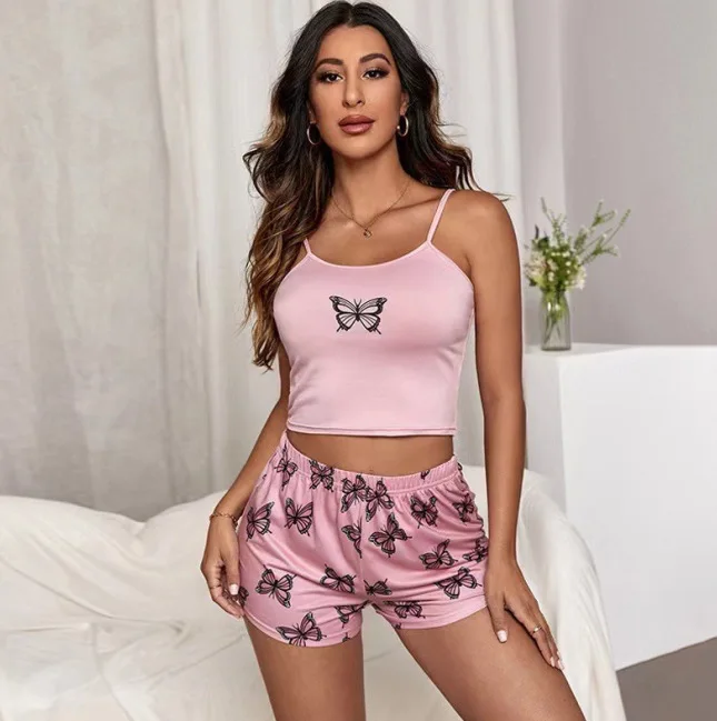 European American Summer Autumn Breathable Camisole Shorts Women's Pajama Set Soft Drapery Butterfly Print Sexy Fashion