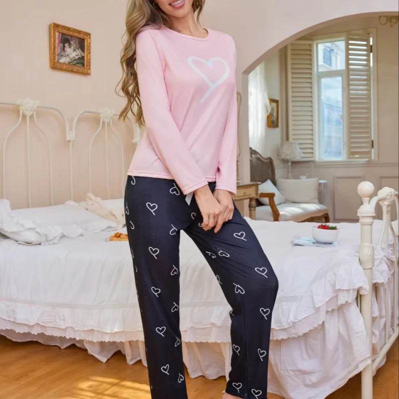 European American Women's Satin Pajamas Suit Autumn Winter Breathable Elastic Waist High Rise Long Sleeve