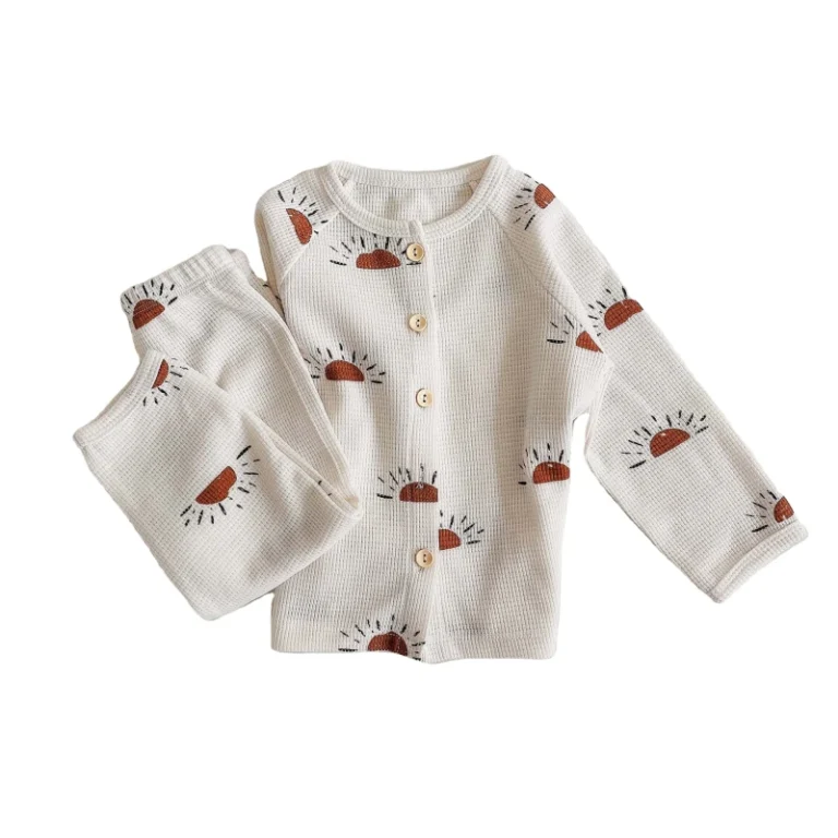 European-Baby-Boutique-Waffle-Sun-Print-Kids-Pajamas-Button-Sleepwear-Girls-Boys-Clothing-Sets