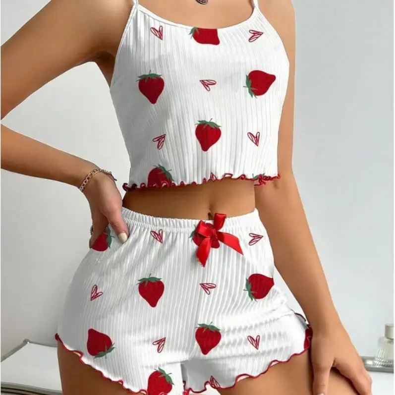 European Loungewear Set Strawberry and American Women's Two Piece Satin Heart Print Ribbed Camisole Shorts