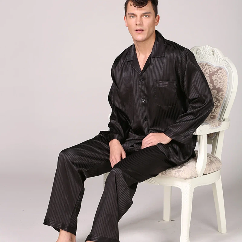 European Size Men's Breathable Silk Satin Black Striped Long Sleeve Pajamas for Spring Summer Homewear