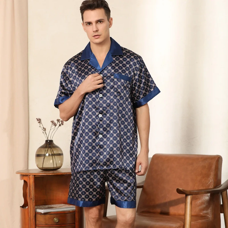 European Size Men's Breathable Summer Imitated Silk Digital Printing Short Sleeved 2 Piece Pajamas Suit with Pockets