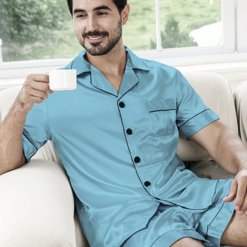 European Size Men's Casual Home Large Size Loose Summer Imitation Silk Woven Breathable Thin 2 Piece Short Sleeve Sleepwear