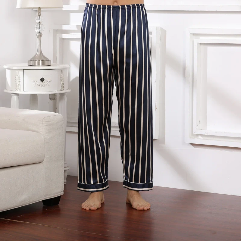 European Size Men's Long Pants Pajamas Breathable Air Technology Imitated Silk Fabric Pockets Casual Home Wear Spring Summer