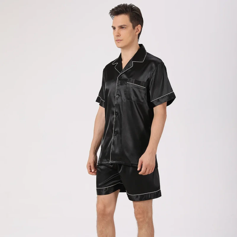 European Size Men's Plus Size Summer Breathable Thin Satin Pajama Set Loose Homewear Ice Silk Short Sleeve Casual