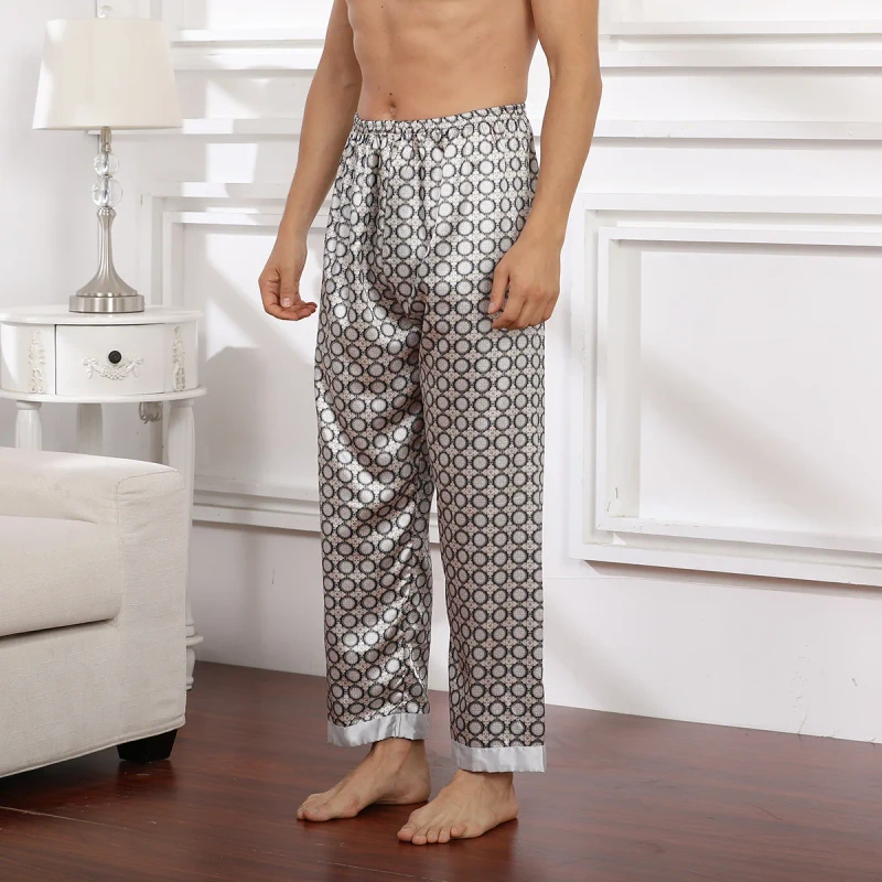 European Size Men's Soft Breathable Woven Long Pants Pajamas Imitated Silk Fabric Pockets Casual Home Wear Spring Summer Solid