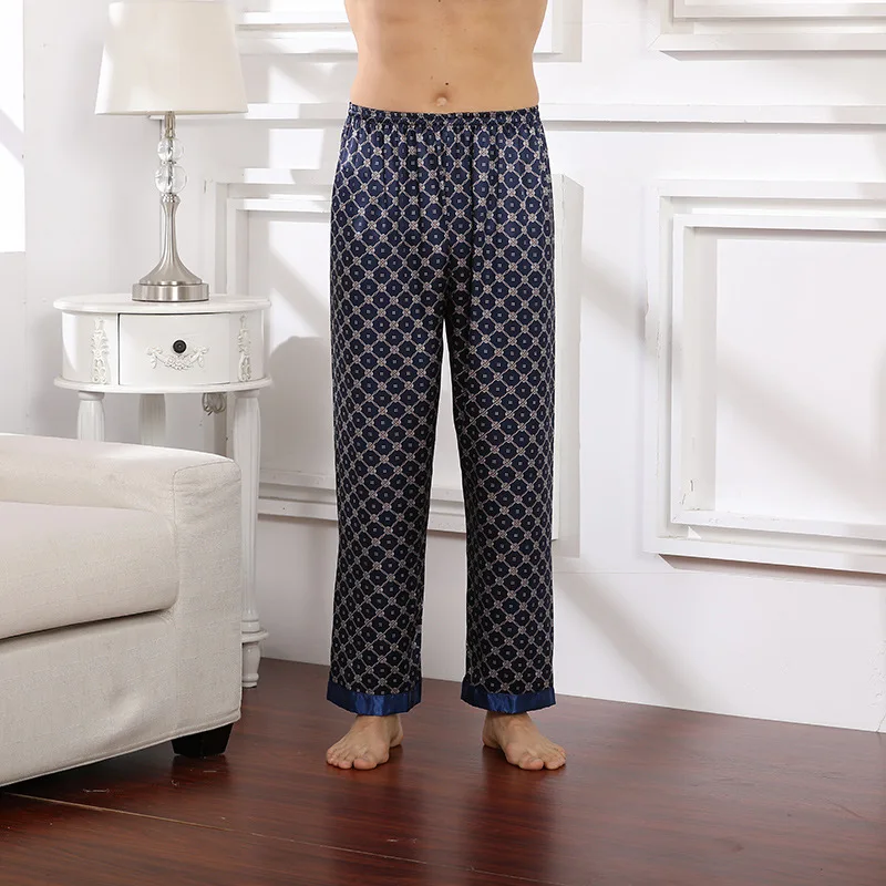 European Size Men's Soft Breathable Woven Polyester Long Pants Pajamas Imitated Silk Fabric for Casual Home Wear Spring Summer