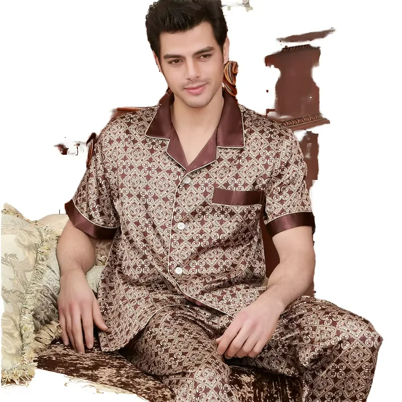 European Size Men's Summer Breathable Satin Pajamas Set Embossed Print Short Sleeve Shorts Home Wear Sleepwear Combo