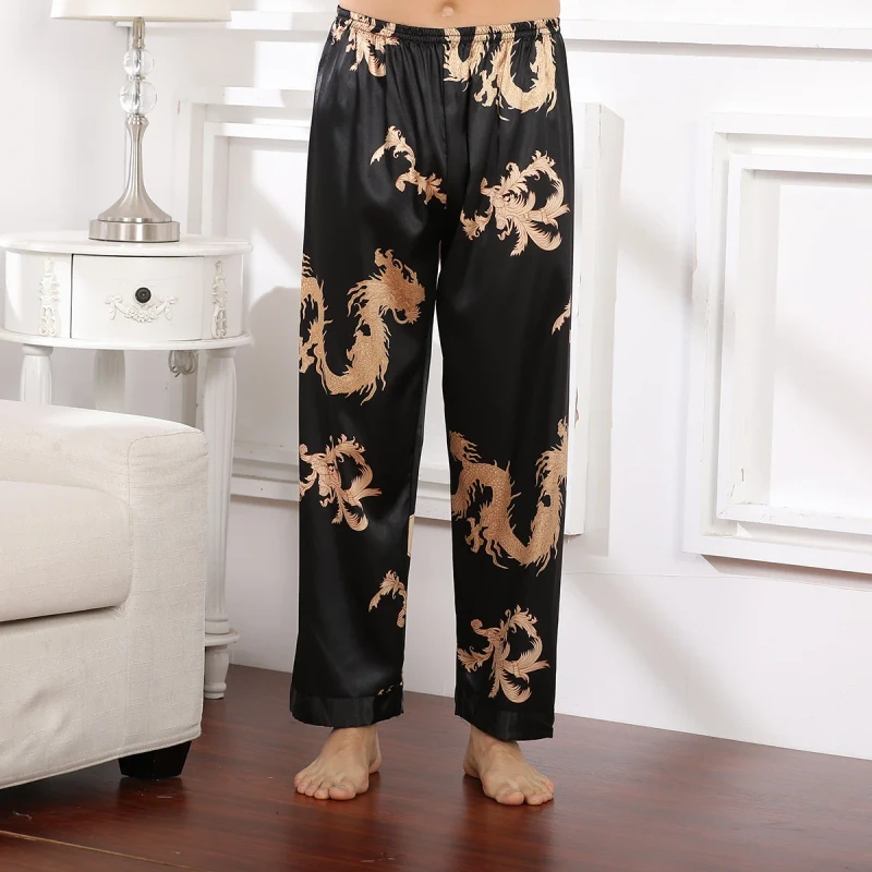 European Sized Soft Imitated Silk Digital Printed Casual Men's Pajama Pants Breathable Lightweight Design Pockets
