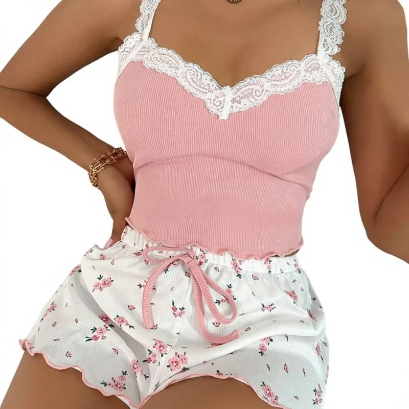 European and American Cross border Home Wear Lace Camisole Pajamas Set Comfortable and Elastic Home Casual Wear Pajamas