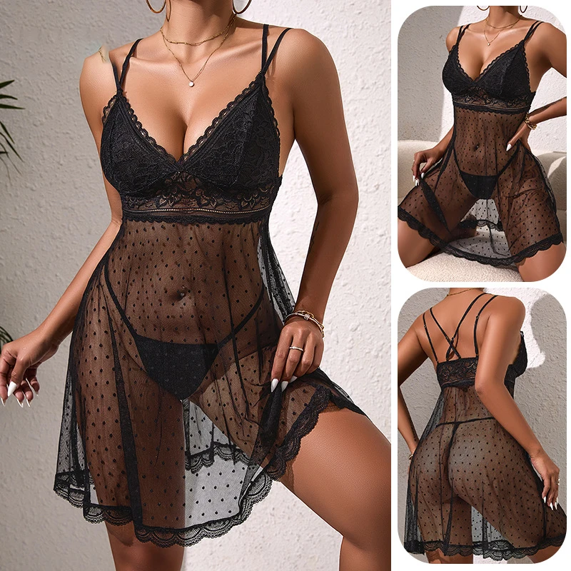 European and American Sexy Lace Seduction Camisole Nightgown for Women's Erotic Polka Dot Perspective Pajamas