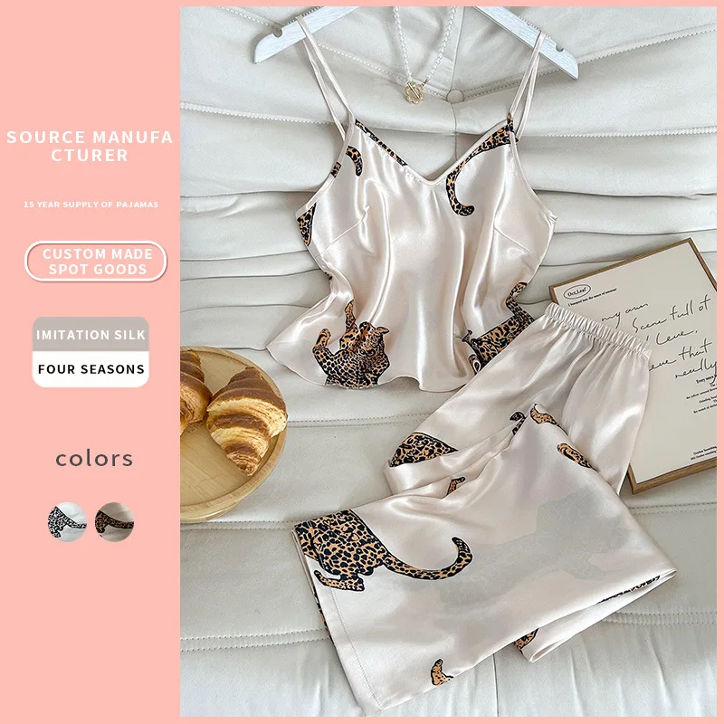 European and American Style Leopard Print Cami Pants Set Silky Soft Fashion Loungewear Pajama Set