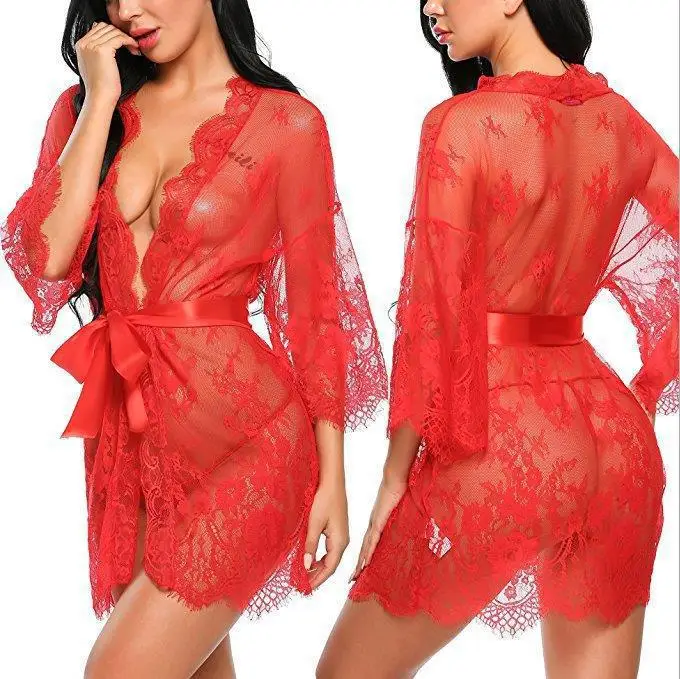 European-and-American-Style-Sexy-Lingerie-Womens-Sexy-Temptation-Lace-Kimono-Robe-Babydoll-Lingerie-Mesh-Nightgown
